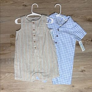 Carter's BUNDLE Beige Striped and Blue Gingham Romper Set